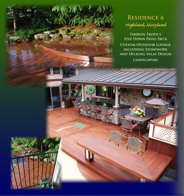 Highland, Maryland residence with Fiberon Tropics step down patio deck, custom outdoor lounge including stonework and decking inlay design and landscaping